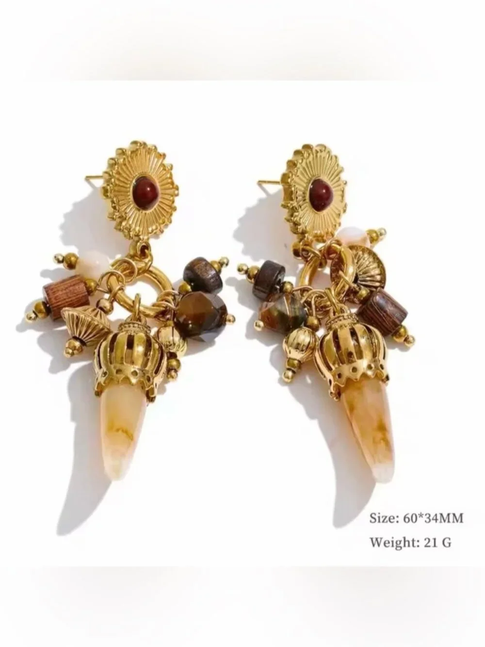 Vintage Gold Drop Earrings with Brown and Cream Accents